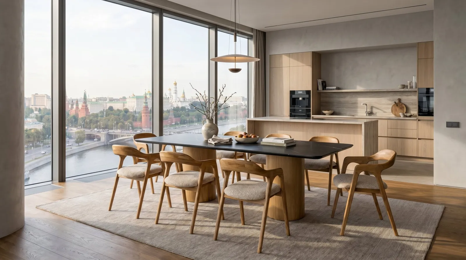 Светлая кухня-гостиная с обеденной группой Bentwood